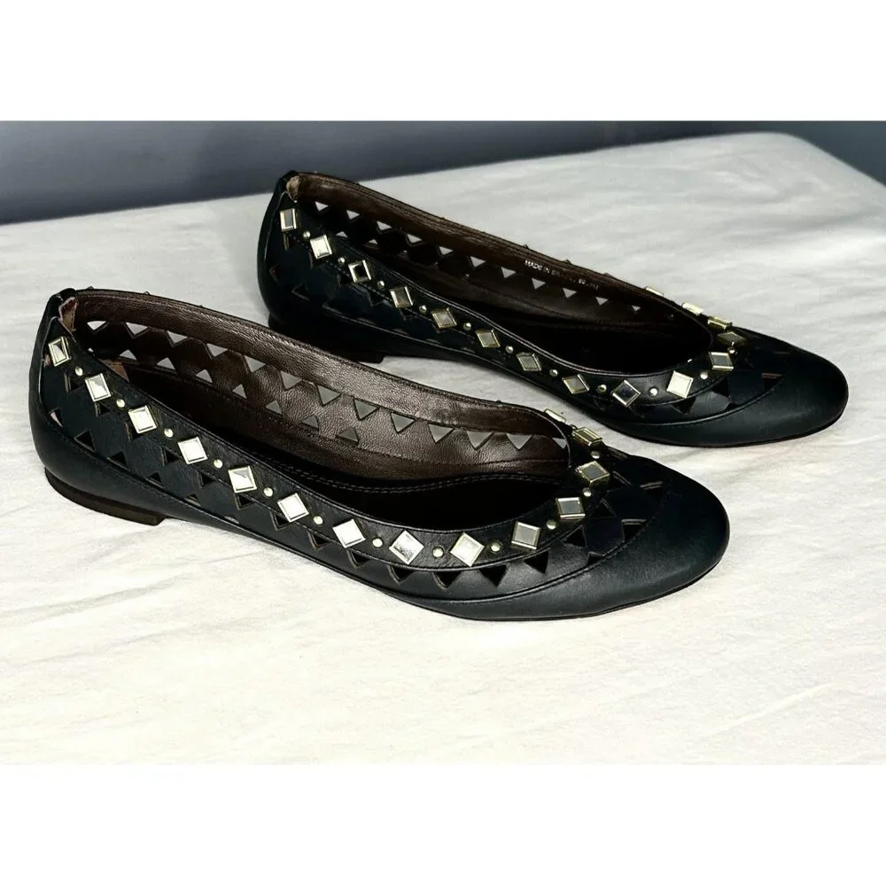 Tory Burch Shoes Womens 7 Black Kingsbridge Leather Ballet Flats Mirrored Cutout